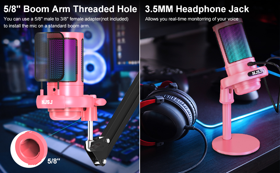 Мікрофон для ПК NJSJ Gaming з тримачем, USB мікрофон для Mac, PS4, PS5 (рожевий) з кнопкою вимкнення звуку, навушниками, поп-фільтром, кардіоїдний конденсаторний мікрофон для подкастів та стрімінгу