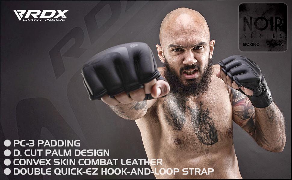 Боксерські рукавички RDX MMA чорного кольору, професійні, шкіра Maya Hide, для боротьби, спарингу, кікбоксингу, муай-тай, з підкладкою, чоловічі (матова чорна, розмір L)
