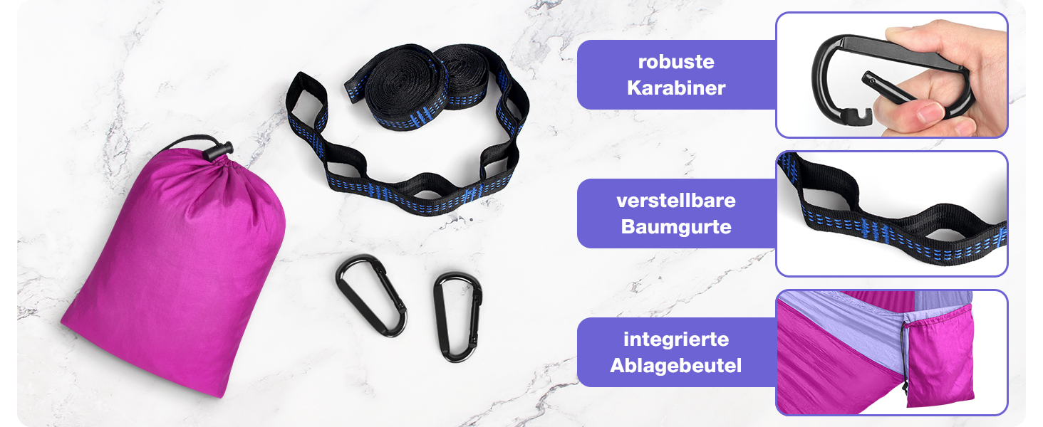 Гамак дорожній подвійний 295x140 см, рожево-ліловий, вантажопідйомність 350 кг - з карабінами та ременями для кріплення