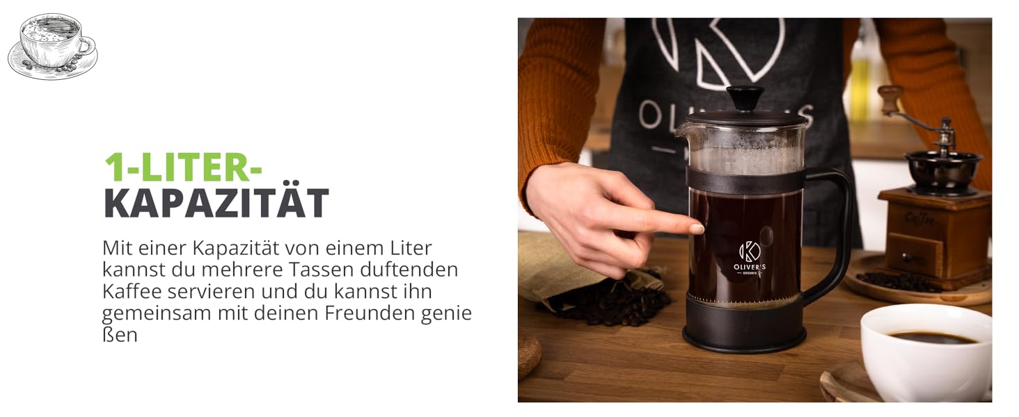 Френч-прес Oliver's Kitchen® - 1 літр, чорний: для автентичного кавового смаку