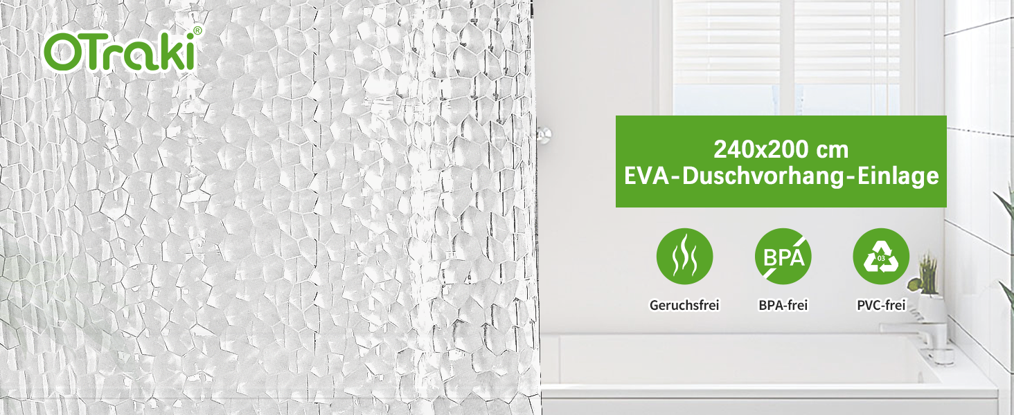 Шторка для душу OTRAKI 240 x 200 см, антигрибкова, EVA, водонепроникна, з кільцями, 3D, для ванної кімнати
