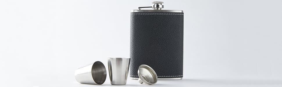 Фляга з нержавіючої сталі 8oz (240 мл) з подарунковим набором: два стакани та воронка. Чорна шкіряна фляга з малюнком лічі. Підходить для алкоголю