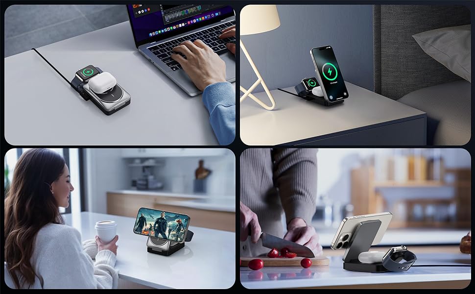 3-в-1 Бездротовий зарядний пристрій: Inductive Qi2, MagSafe, для iPhone 16/15/14/13/12, Apple Watch, AirPods (білий)