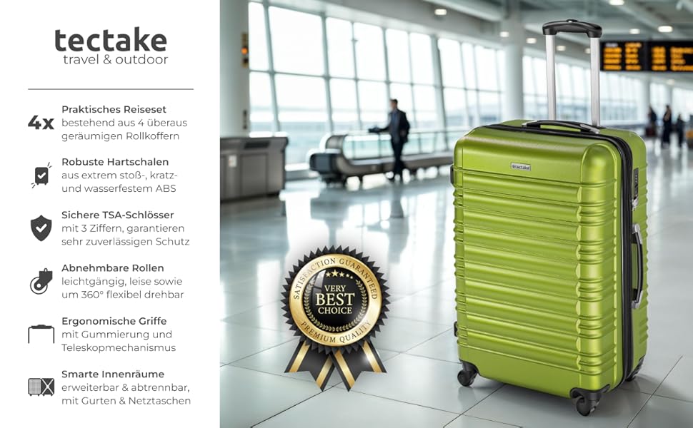 Набір валіз Tectake® 4 шт. з TSA замком, жорсткий корпус, набір ролерів, ABS, 4 колеса, 360°, телескопічна ручка - зелений