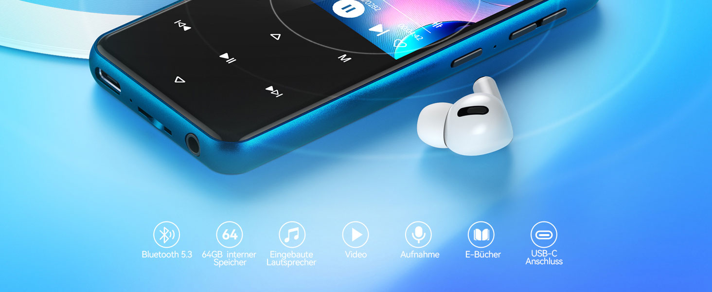 MP3-плеєр AGPTEK 64GB Bluetooth 5.3 з TFT екраном, FM-радіо, підтримкою до 128GB, функцією запису та E-Book (синій)