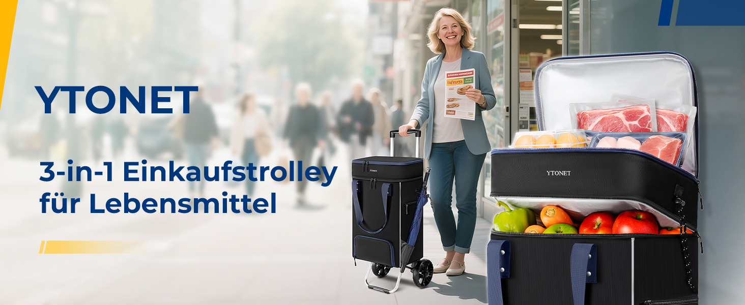 Тролей для покупок Ytonet: складаний, з відділенням для охолодження, 55 літрів, 68 кг, 3-в-1 (сумка-тележка, сумка для покупок), чорний