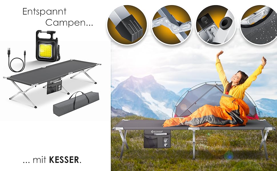 Кемпінгове ліжко KESSER® розкладне з сумкою, ліхтарем та бічною кишенею. Стабільне металеве ліжко для відпочинку та подорожей, 150 кг, 190/210 см. Оксфорд 600D.