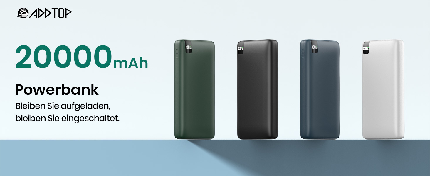 Power Bank A ADDTOP 20000mAh з швидкою зарядкою 22.5W, USB-C, LED-індикатор - портативний зарядний пристрій для iPhone 17/16/15/14/13/12/11, Samsung Galaxy та інших телефонів (Чорний)