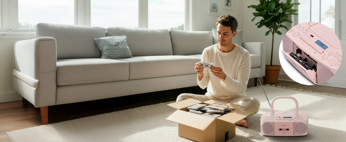 MEDION DRX-1 Plus Boombox: Портативна радіосистема з DAB+, Bluetooth, CD-плеєром, MP3, касетним провідником, AUX, акумулятором та мережевим живленням, зелений/рожевий колір
