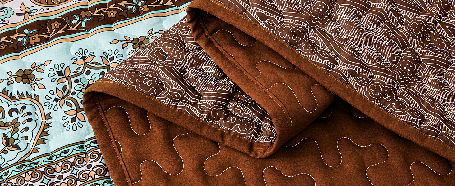 Покривало WONGS BEDDING 220x240 см Boho, стьобане, мікрофібра, 3 предмети: покривало та 2 наволочки 50x70, для двоспального ліжка, коричневе, для спальні чи дивана