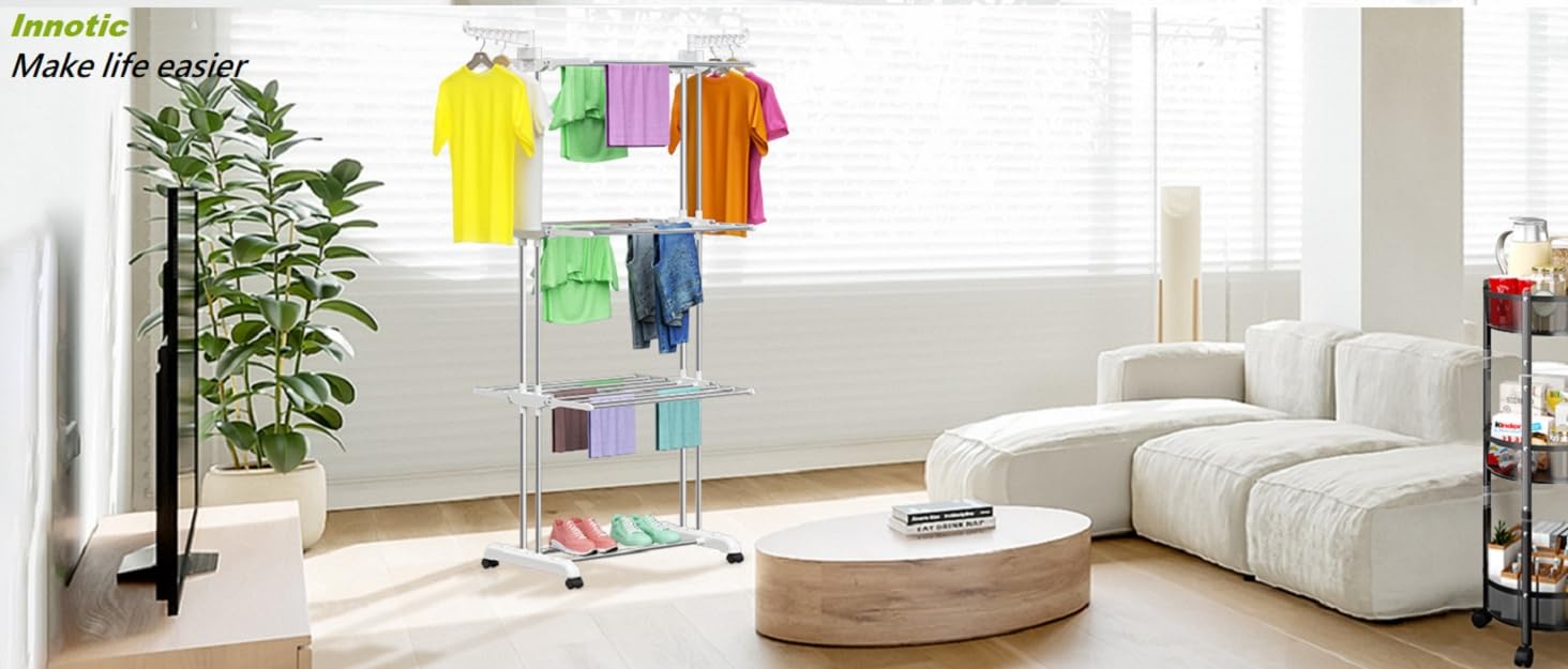 Клатковий сушильник для білизни InnoTic з 4 ярусами та колесами - великий, для дому та вулиці (білий/сірий)