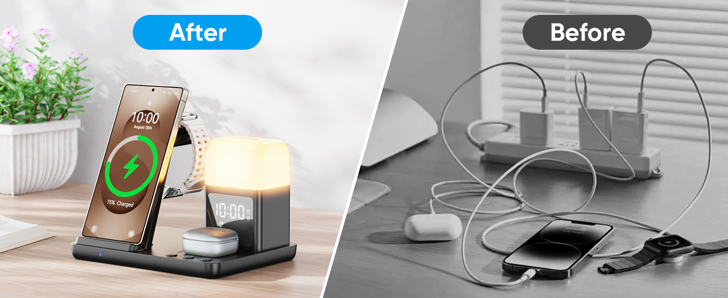 База для бездротової зарядки 6-в-1 з годинником та нічником для Samsung Galaxy (15W, чорний)