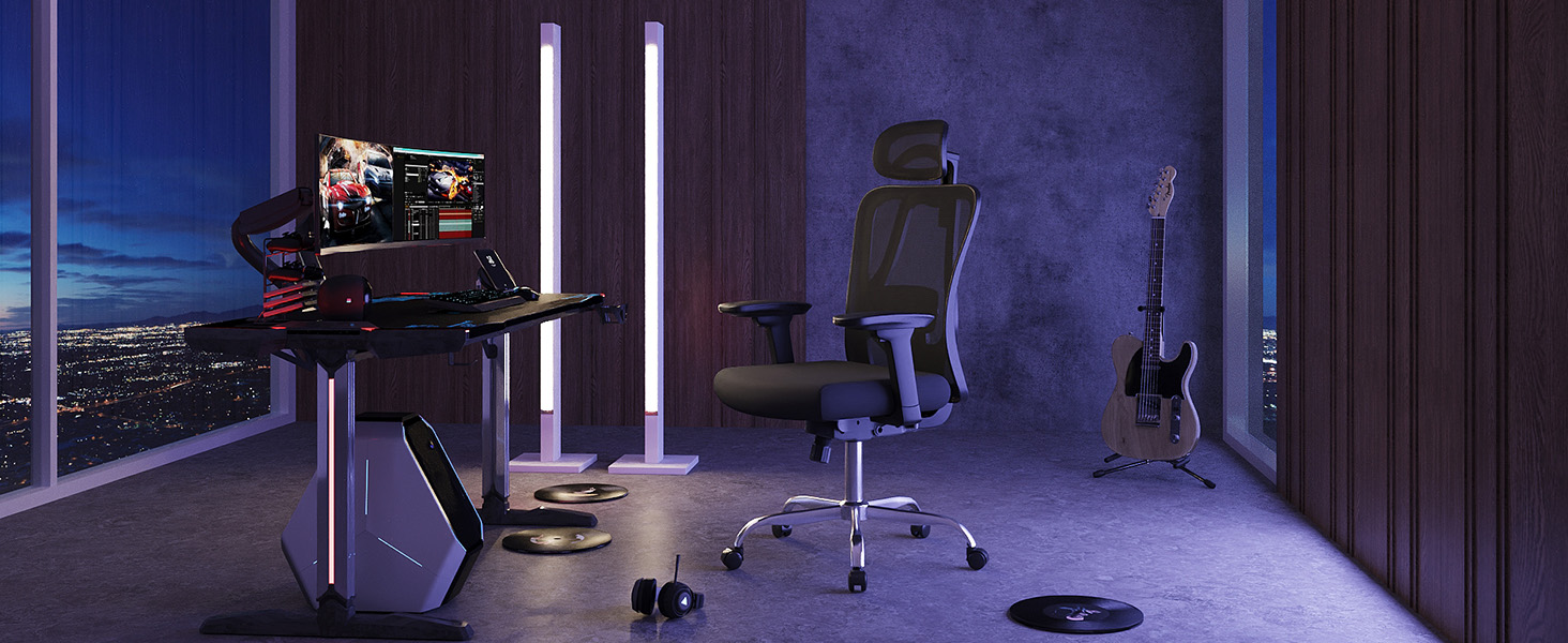 Офісне крісло Devaise: ергономічне крісло з регульованою підголівником та поперековою підтримкою, 3D-підлокітники, 3-рівневий нахил, дихаюча сітчаста тканина для дому та офісу (Чорний)