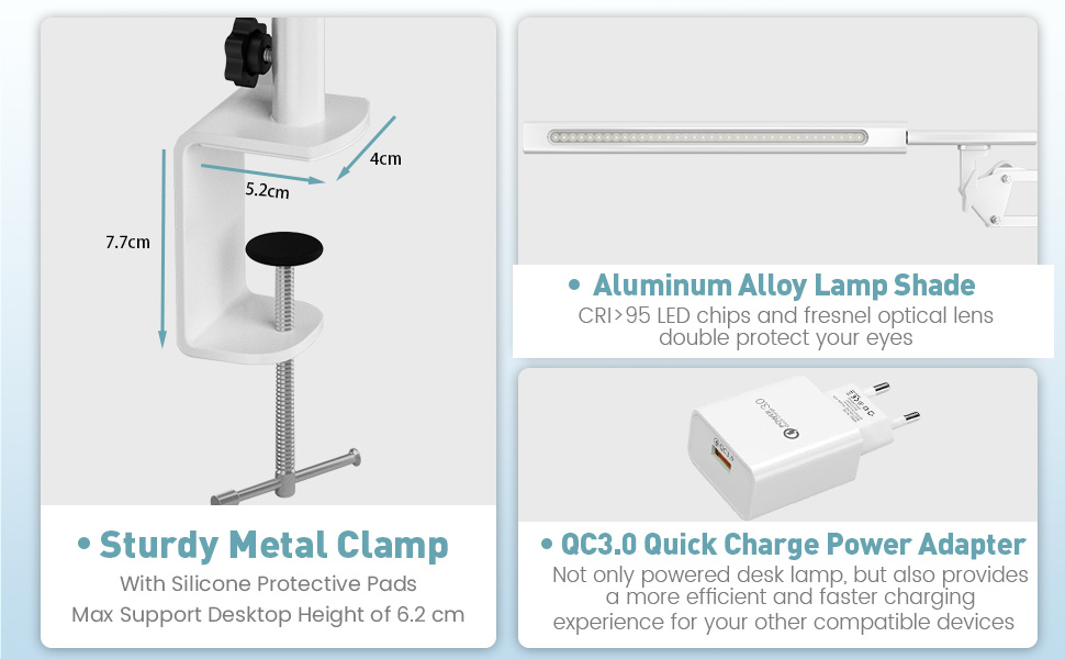 Лампа для робочого столу в офіс, кріпиться на стіл, архітекторська лампа з адаптером QC3.0, лінза Френеля, 5 режимів кольору та регулювання яскравості, лампа-прищіпка з функцією пам'яті, біле освітлення