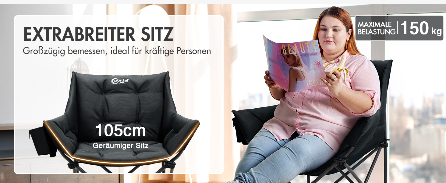 Крісло для кемпінгу складне, XXL, чорне, 150 кг, з підлокітниками, м'яке, для відпочинку на природі