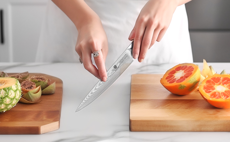 BRODARK Ніж кухарський Дамаск з VG10 сталевим ядром, професійний, з ручкою з оливкового дерева, High Carbon нержавіюча сталь (5.5 дюймів)