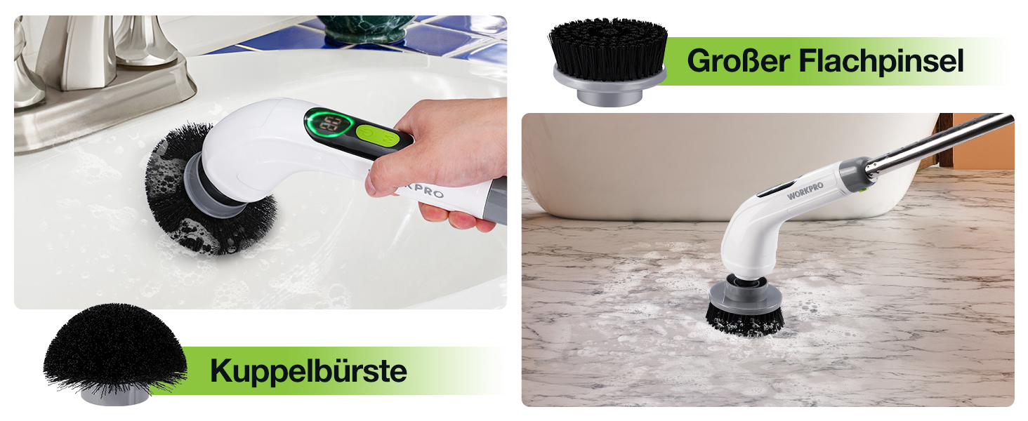 WORKPRO Електрична щітка для прибирання з індикатором потужності, 8 в 1, обертова щітка-скребок, 8 насадок, телескопічна ручка 30-120 см, 3 швидкості, для ванної кімнати та кухні