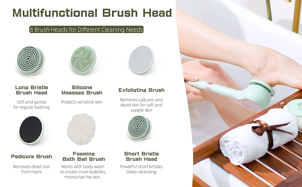 Електрична дюшева щітка для спини Eincremehilfe 6 в 1 з USB-зарядкою та 6 насадками для глибокого очищення та пілінгу