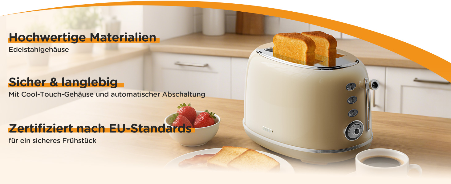 Ретро тостер на 2 тости з нержавіючої сталі – з підставою для булочок, 6 рівнів підсмажування, функція підігріву та розморожування, автовимкнення, кремовий колір, ідеальний для сендвічів та тостів – TS-R008