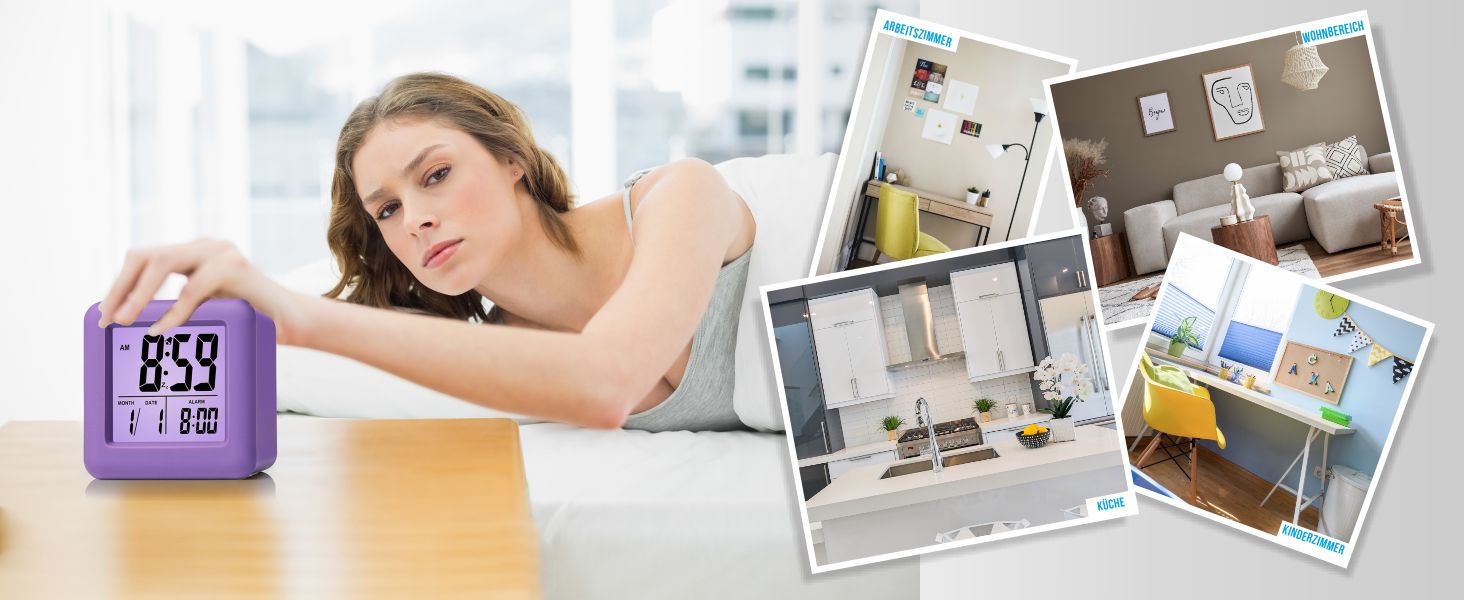 Цифровий туристичний годинник Plumeet з будильником, сонливим режимом, нічним світлом, великим дисплеєм (час, місяць, дата, будильник), м'яким звуком (фіолетовий)