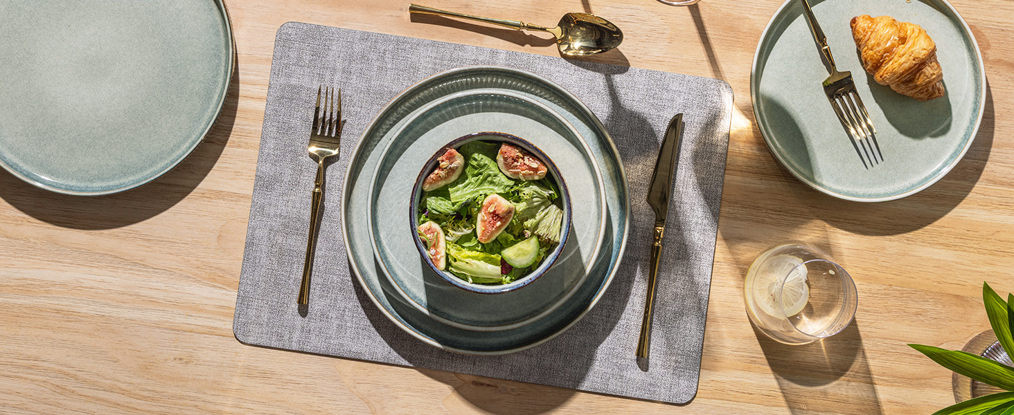 Набір посуду GBhome з реактивної глазурі для 6 осіб (18 предметів), ручна робота, керамічний посуд, безпечний для мікрохвильової печі та посудомийної машини, набір тарілок та мисок, колір Immergrün (Desret Salbei)