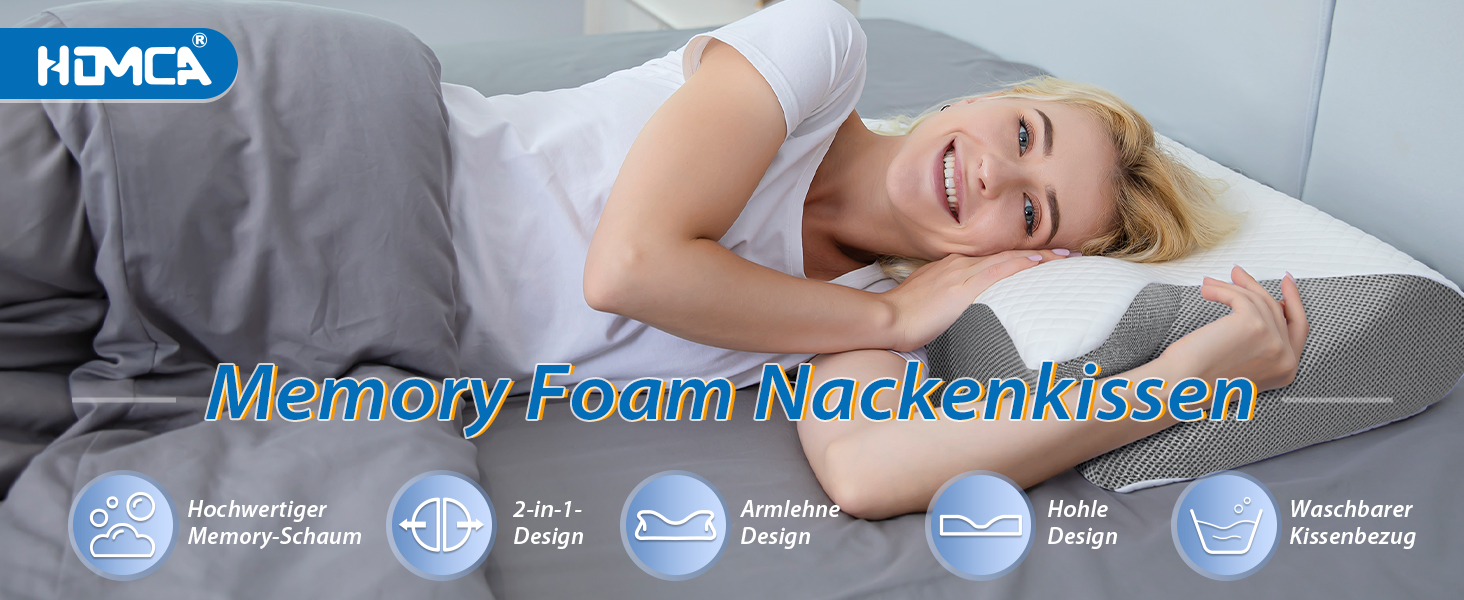Ортопедична подушка HOMCA 2 в 1 з Memory Foam для сну на спині, боці та животі, 60x40x12/14 см, сіра