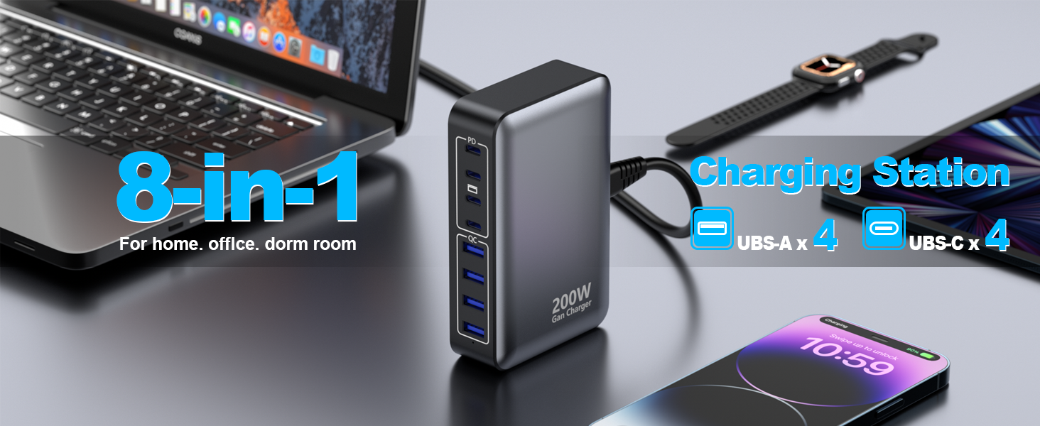 Зарядний пристрій USB-C 200W, 8 портів GaN, швидка зарядка PD 65W для ноутбука MacBook/Dell/Steam Deck, iPhone 17/16/15/14, Galaxy S24/S23 (чорний)