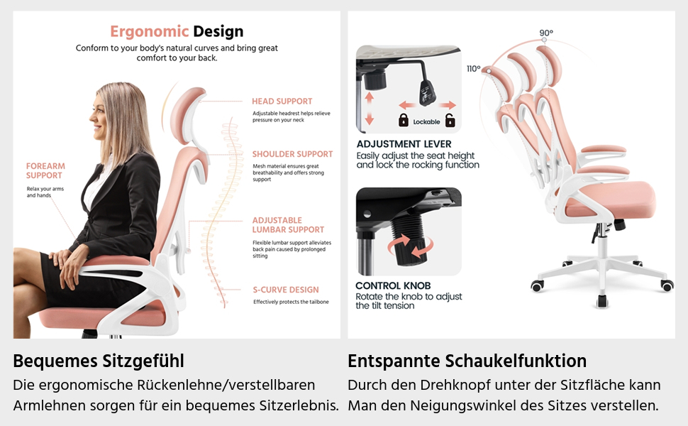 Крісло офісне Yaheetech ергономічне, з підйомними підлокітниками, регульованою підголівником, функцією гойдання, до 136 кг, білий/рожевий