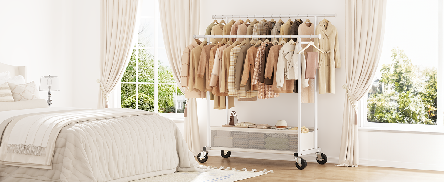 Подвійний мобільний вішак для одягу з кошиком для білизни, металевий (110 кг), білий - міцний вішак для пальт, суконь, светрів