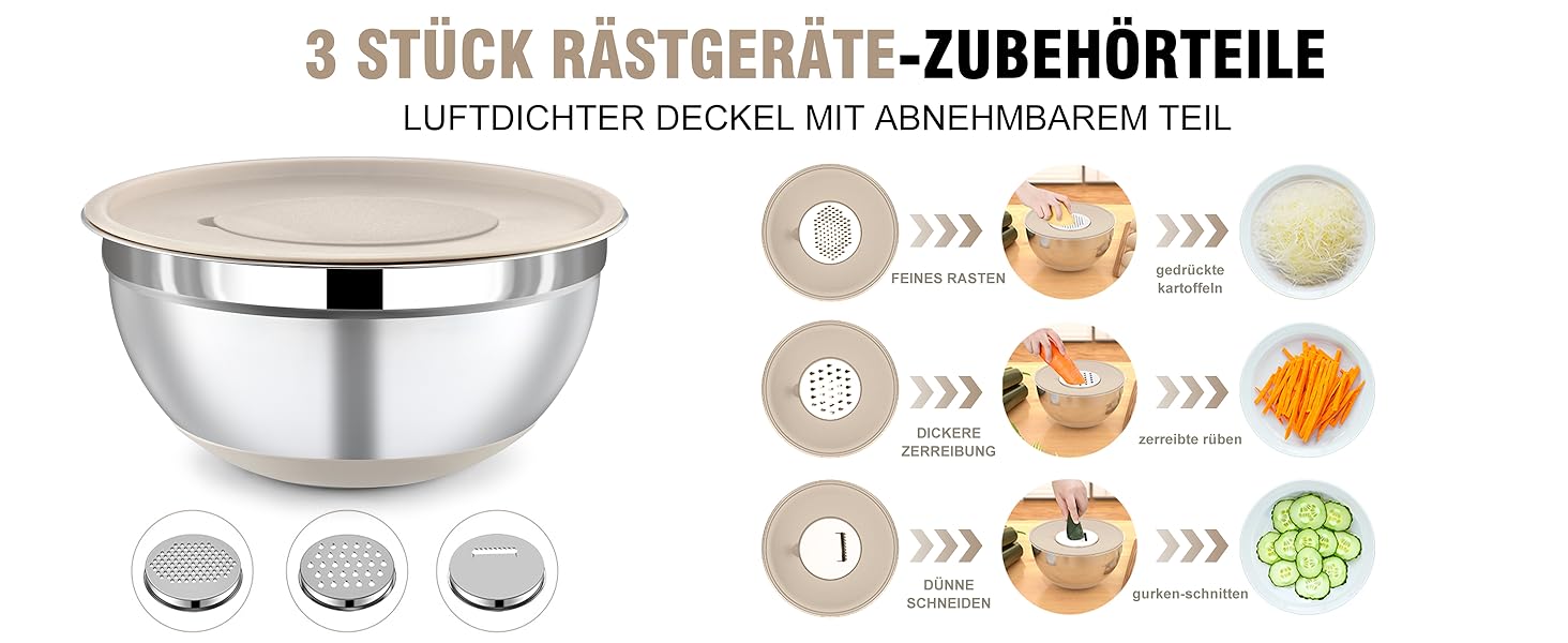 Набір місок для перемішування BEWOS 7 шт. з кришкою, нержавіюча сталь, набір місок з терткою, вкладна конструкція, колір хакі, протиковзкі дна, об'єм 0.5, 1, 1.4, 1.85, 2.35, 3.2, 4 л для змішування та подачі