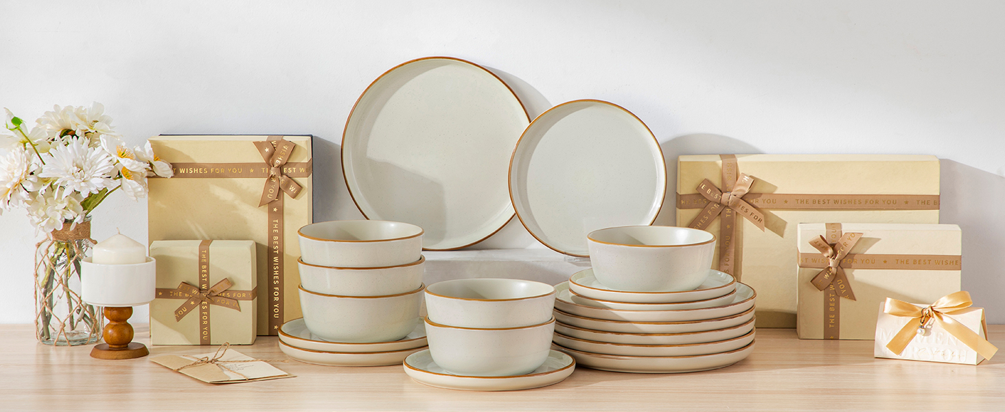 Набір посуду на 6 осіб Vancasso RENO 24 шт. з каменю, сучасний сервіз: тарілки для їжі, супу, десерту, миски. Підходить для миття в посудомийній машині та використання в мікрохвильовій печі. (Бежевий, 36 шт.)