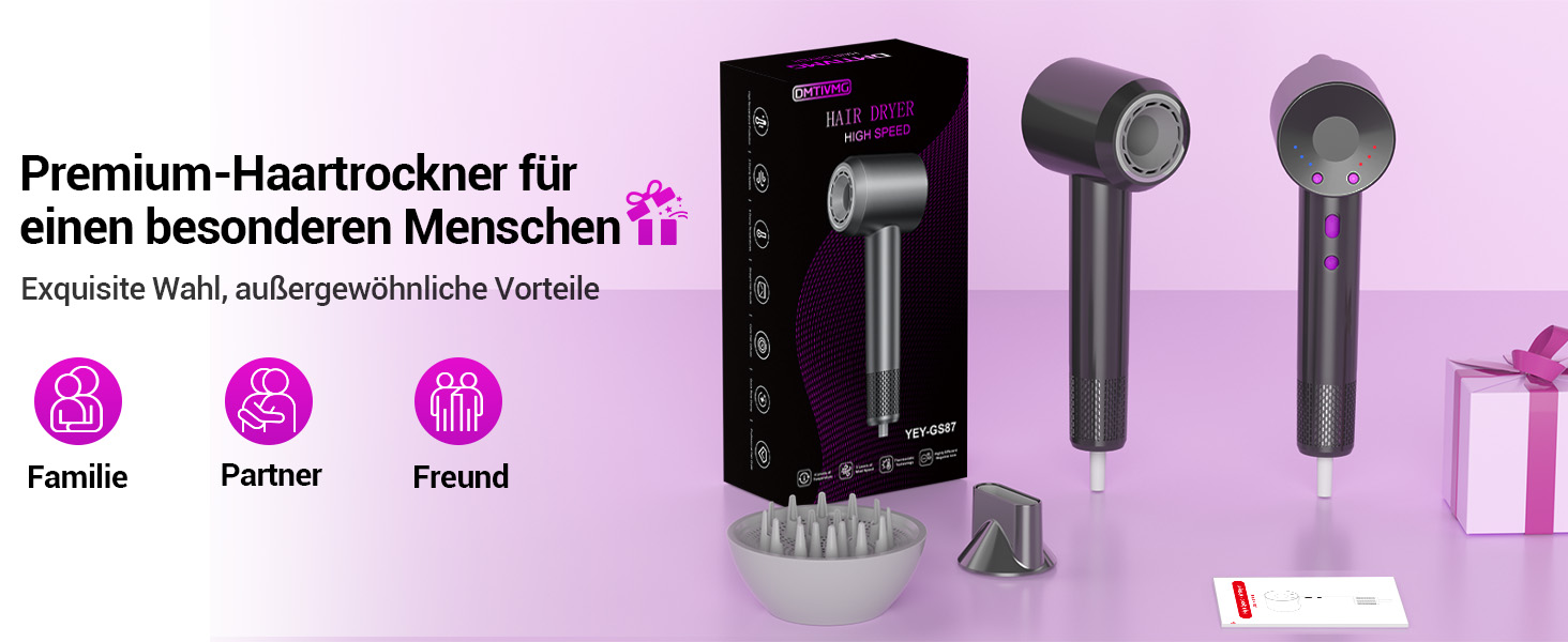 Іонний фен DMTIVMG з потужним мотором 150 000 об/хв, 200 млн негативних іонів, 4 температурні режими, 3 швидкості, швидке сушіння, магнітне сопло, тихий