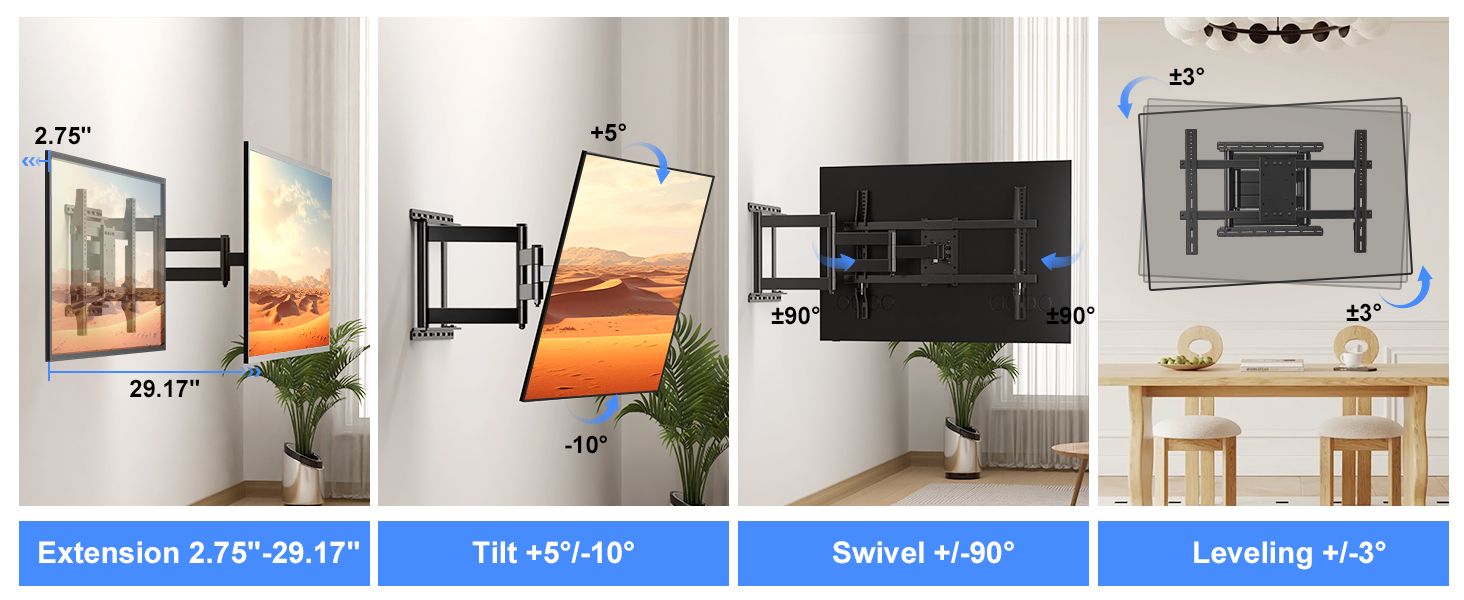 Настінний кронштейн для ТБ XINLEI (32-75 дюймів), поворотний та нахильний, висув 740 мм, до 45 кг, VESA 600x400мм