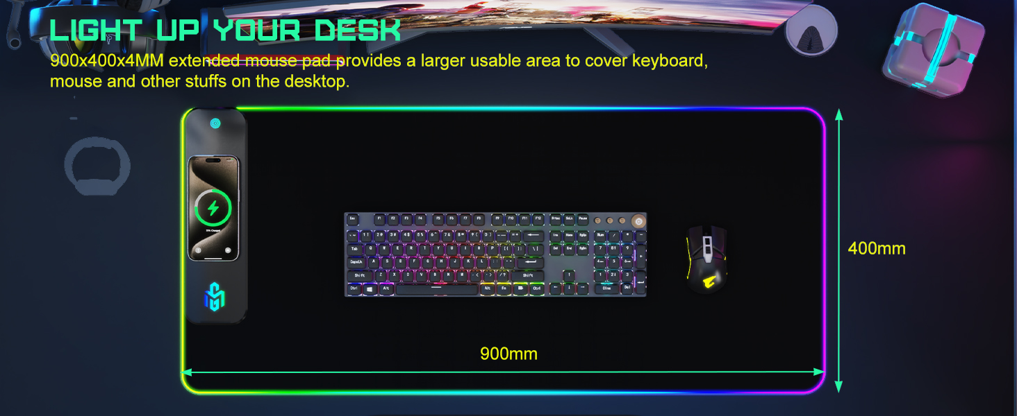 Ігровий килимок для миші RGB з бездротовою зарядкою Qi 15W, 800x350x4мм, 10 режимів підсвічування, швидка зарядка 10W для iPhone та навушників, водонепроникний, протиковзаючий (Чорний-Max)