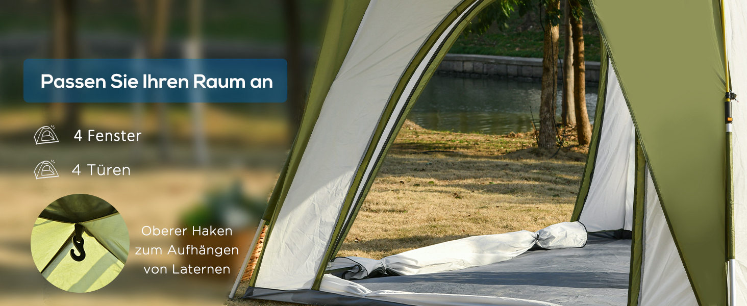 Намет Outsunny Pop-Up для 3 осіб, UV 50+, зелений: сімейний кемпінговий намет з гачками, 4 дверима, вікнами та водонепроникністю 1000 мм