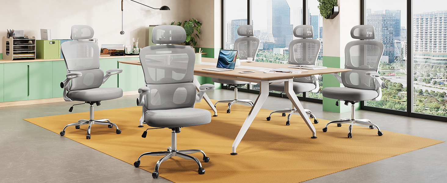 Офісне крісло Devaise ергономічне з підтримкою попереку, 3D-підголівником, регульованими підлокітниками та сітчастою спинкою, для офісу та дому, до 150 кг (сірий)