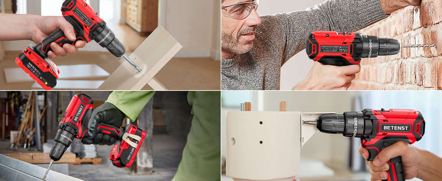 Акумуляторний шуруповерт BETENST 21V з 2 акумуляторами 2.0Ah, 42Nm, 25 моментів, 2 швидкості, LED-ліхтик, 30-ти елементний набір для дому та саду, DIY проєкти