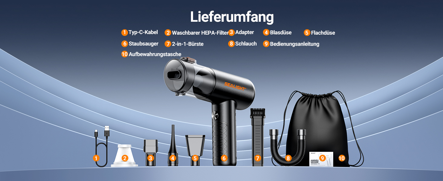 Акумуляторний пилосос SEALIGHT Handstaubsauger 32000 Pa безщітковий, міні-пилосос 4-в-1 з контейнером для пилу та чохлом для зберігання