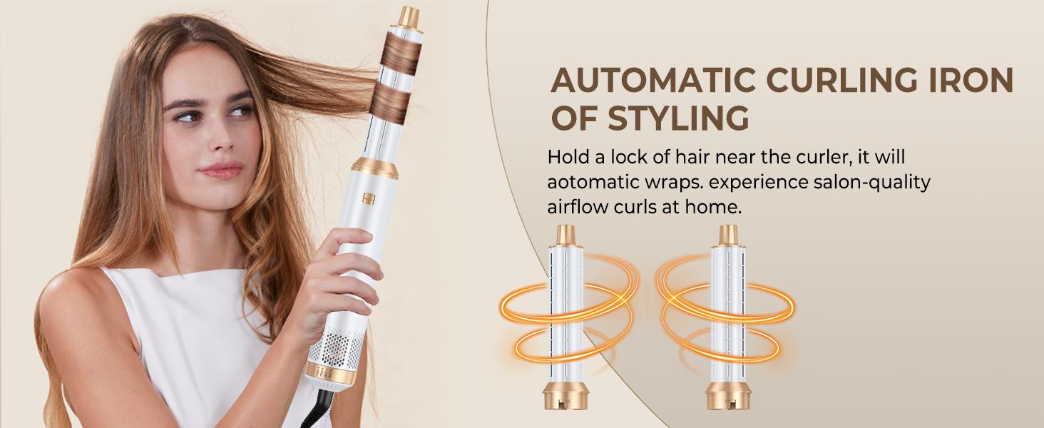 Airstyler 5 в 1: Фен-щітка для волосся, 1000W, білий. Створення об'єму, сушка, укладка, завивки. Підходить для всіх типів волосся. Набір з автоматичними локонами