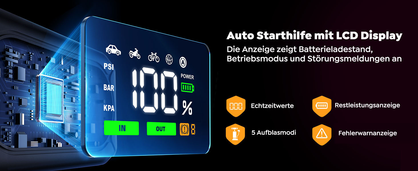 Powerbank для автомобіля YaberAuto AP02 з компресором, 150PSI, 4500A, для бензинових двигунів до 9.0L та дизельних до 8.0L, LED ліхтар 500 Lumen (4 режими), LCD дисплей 3.3