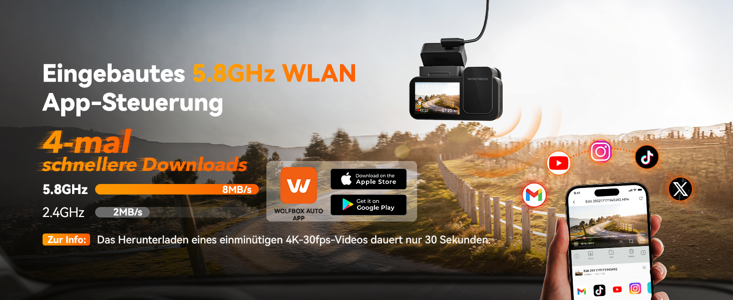 Автомобільний відеореєстратор WOLFBOX X5 Duo 4K+2.5K з передньою та задньою камерами, HDR, GPS, Wi-Fi 5.8 ГГц, сенсорним екраном та карткою пам'яті 64 ГБ
