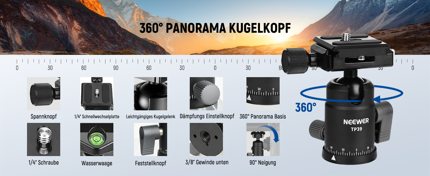 Штатив для камери NEEWER 77' з моноподом, кульковою головкою 360° та Arca QR-пластиною, компактний, легкий, з алюмінію, для подорожей, відеозйомки, максимальне навантаження 6 кг (TP39)