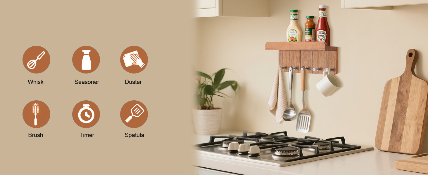 Дерев'яне ключниця з полицею, 5 гачків, для прихожей, кухні, спальні (колір: коричневий)