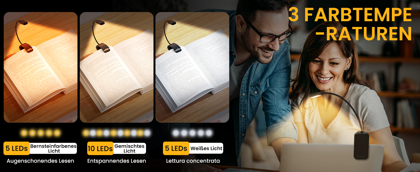 LED лампа для читання з кліпсою, захист очей, 6 LED, 3 режими яскравості (теплий/холодний/білий), USB перезарядна, 360° регульована, для читання, ліжка, офісу, подорожей, чорна