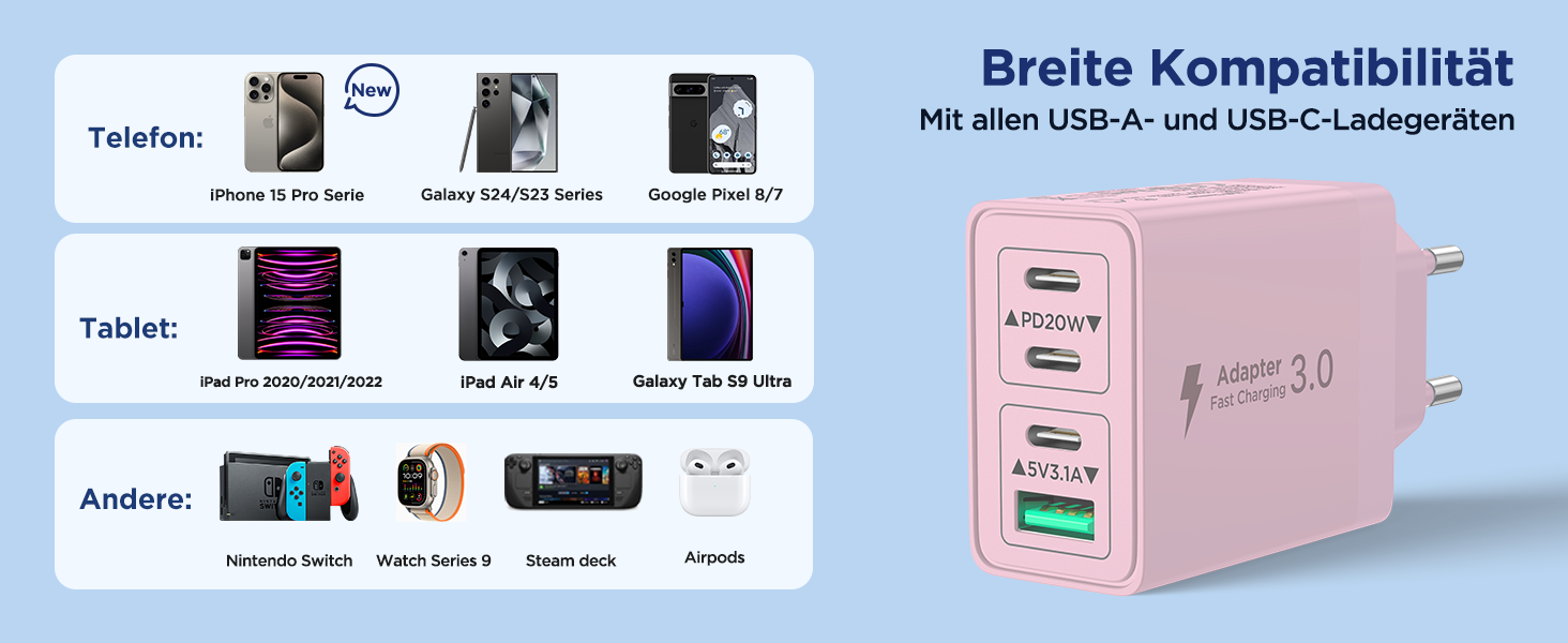 Двопакет USB-C зарядний пристрій Aioneus 4 порти, 40W, PD 3.0, для iPhone, Samsung та інших телефонів (рожевий)
