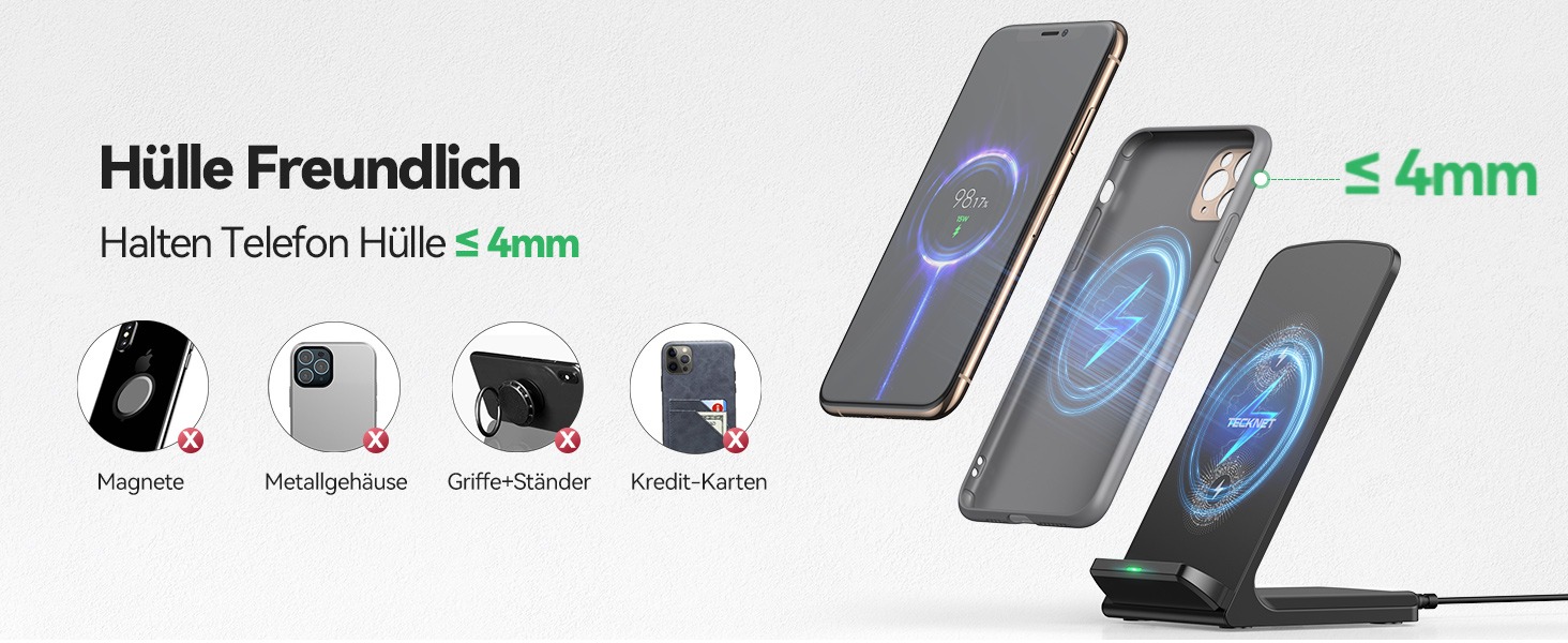 Бездротова зарядка TECKNET 15W, 2 в 1, підставка для iPhone 17/16/15/14/13/12 Pro Max, Samsung Galaxy, Google, LG, Xiaomi, Huawei - Чорна