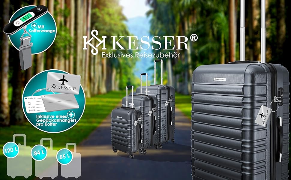 Набір валіз KESSER 3 шт. з ABS-пластику на 4 колесах з замком, телескопічна ручка, розміри M-L-XL, антрацит, дорожній чемодан-тролейбус