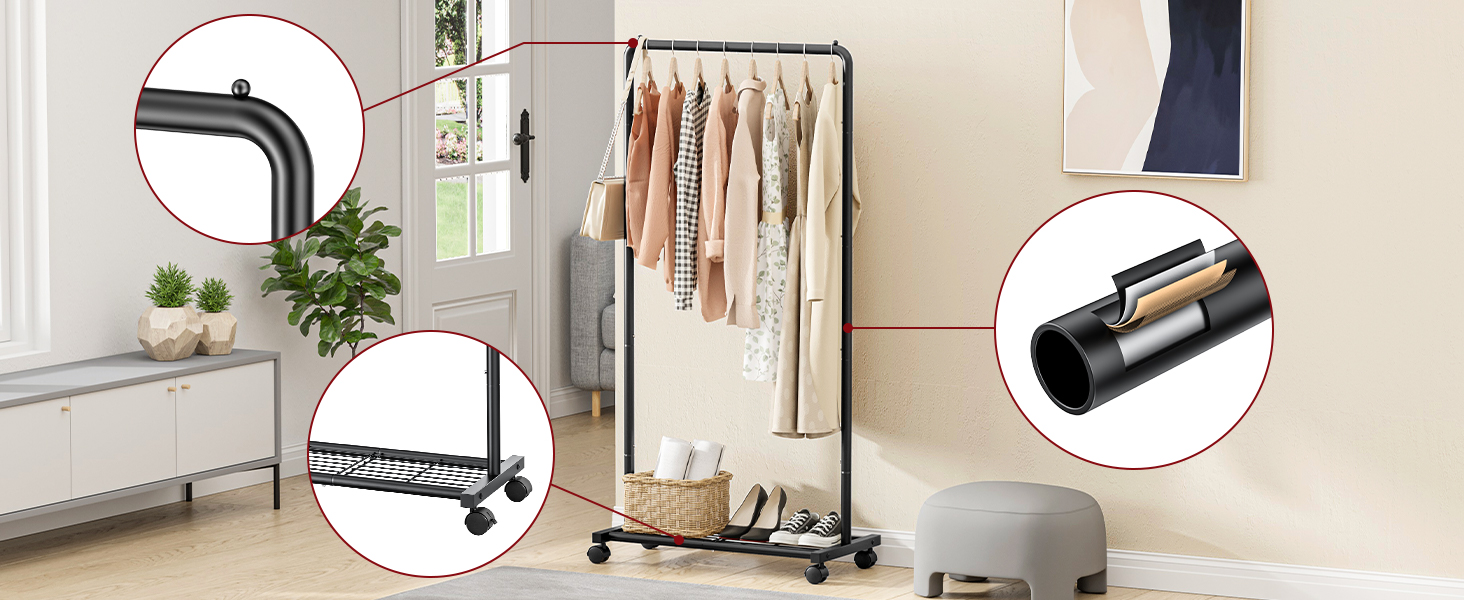 Металевий вішак для одягу на колесах, чорний, середній