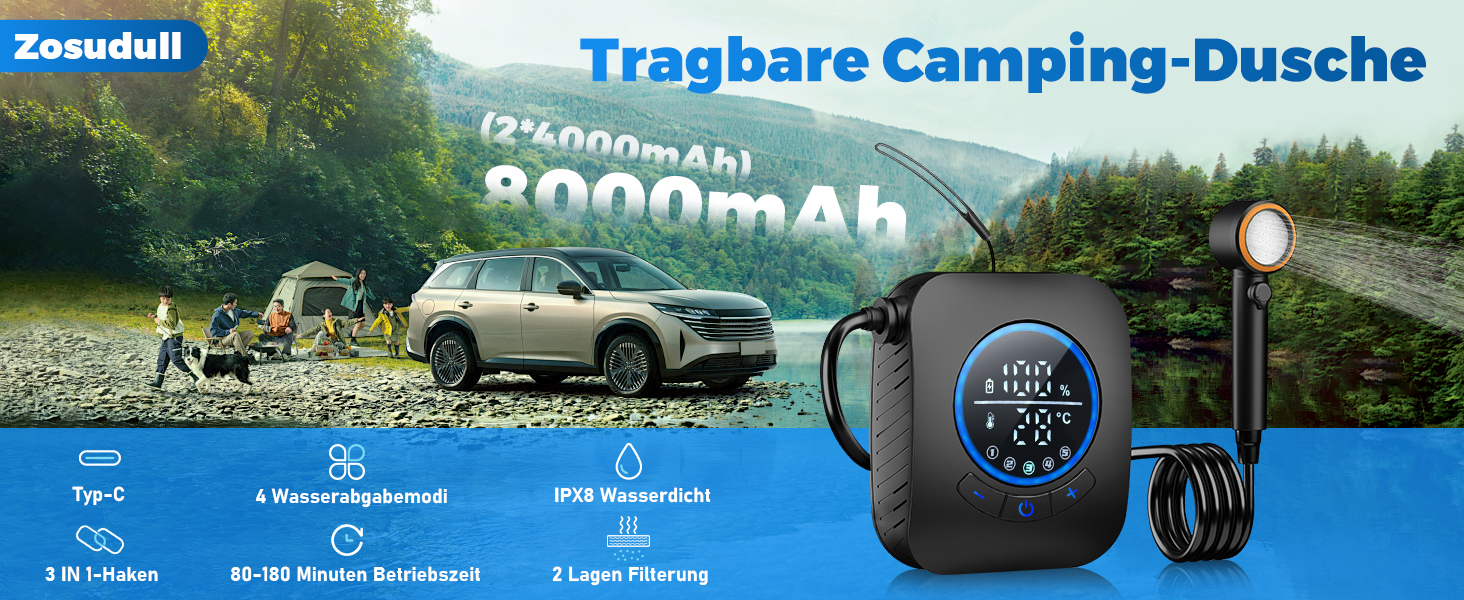 Портативна кемпінгова душа Zosudull 8000mAh з насосом та індикатором температури, фільтрами та патронами, IPX8, чорна