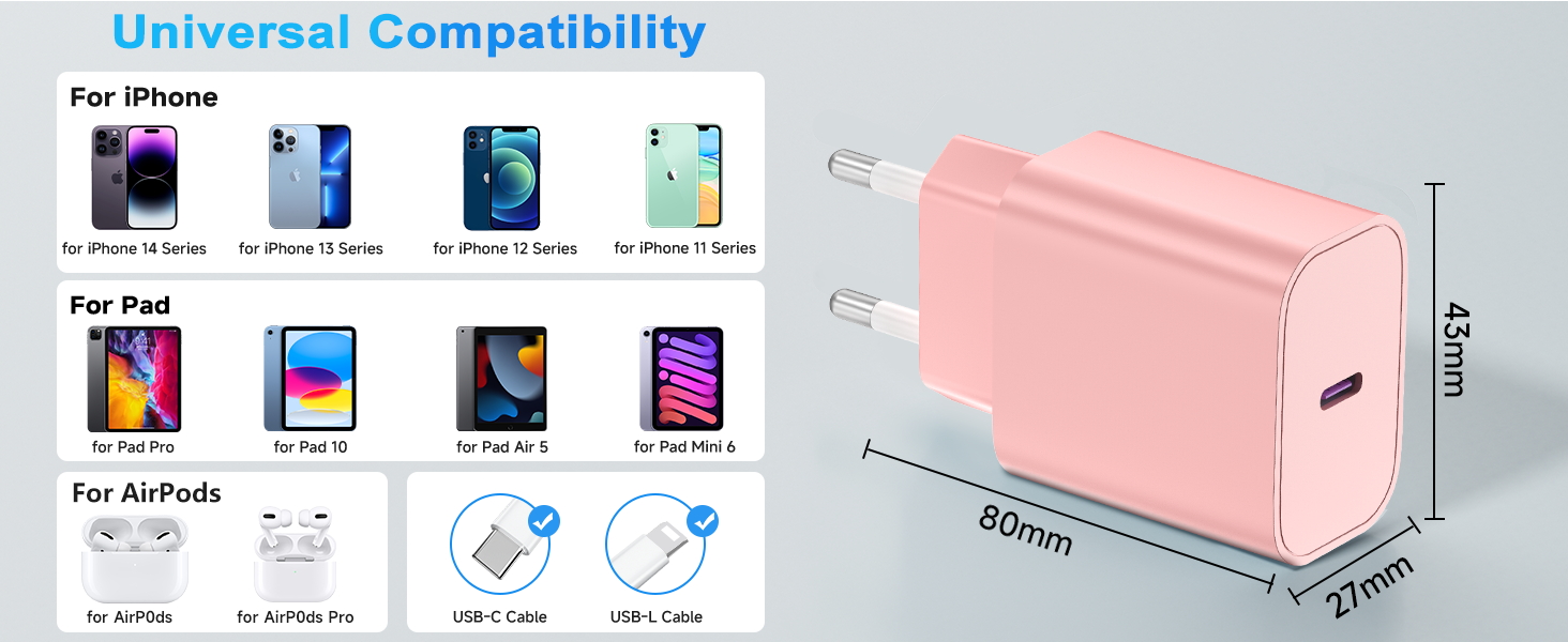 Зарядний пристрій 20W USB-C з кабелем Lightning для iPhone 14/13/12/11/X/XR/XS/Mini/SE - 2 шт. (Синій + Рожевий)
